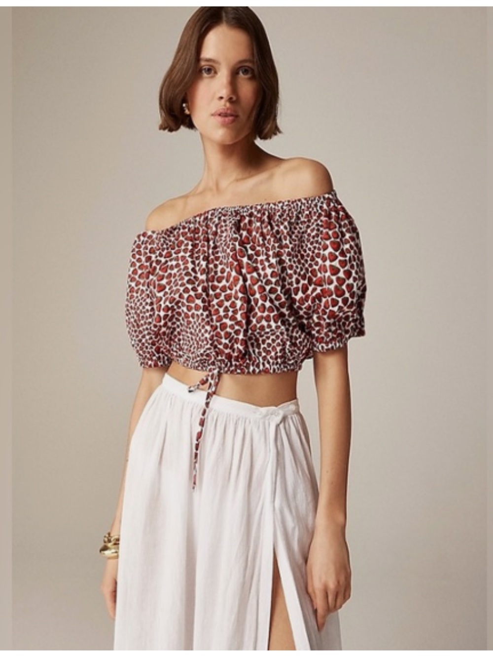 NWT J. Crew Cinched Waist Cropped Top in Strawberry Swirl Cotton Poplin